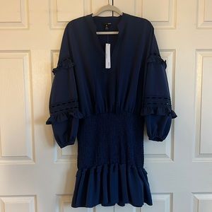 Bloomingdale’s AQUA Navy Blue Smocked Mini Dress | Size L | NWT